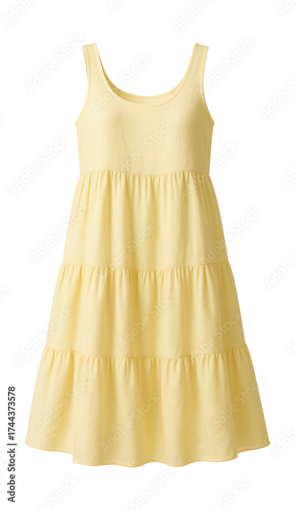 Obraz premium Pastel yellow sleeveless linen sundress featuring a tiered skirt.