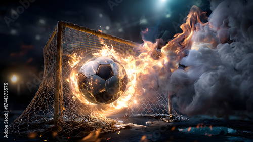 Fiery Soccer Ball in Goal – Burning Net and Intense Sports Energy