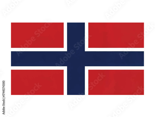  Red field with blue Nordic cross outlined in white, stylized fjord motif.