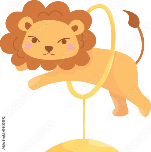 Cute lion. A circus lion cub jumps through a ring. Vector illustration.