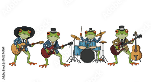 Whimsical frog musicians playing guitars and drums, a fun cartoon band illustration for kids' designs or humorous projects, full of character and charm