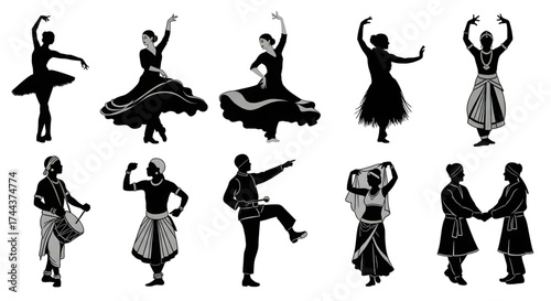 An elegant collection of traditional and modern dancer silhouettes from various world cultures including ballet and folk.
