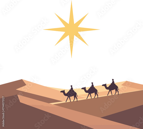 Three Wise Men traveling on camels in desert following the bright glowing Star of Bethlehem, majestic religious Christmas nativity scene and Epiphany journey graphic illustration
