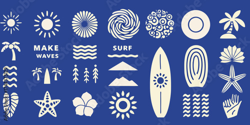 Collection of stylized summer beach and surf icons with palm trees sun waves and surfboards