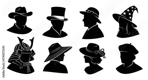 A diverse collection of hat silhouettes on character heads from various cultures and professions.
