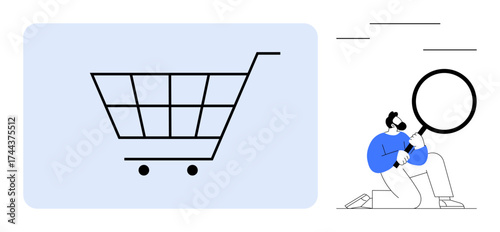 Shopping cart symbol with a man holding a magnifying glass, representing analysis, research, and online shopping. Ideal for e-commerce, consumer behavior, data analysis, market research, quality