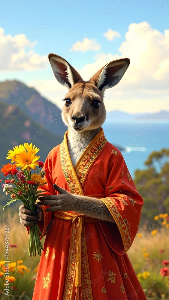 Obraz premium Anthropomorphic kangaroo holding flowers in scenic nature