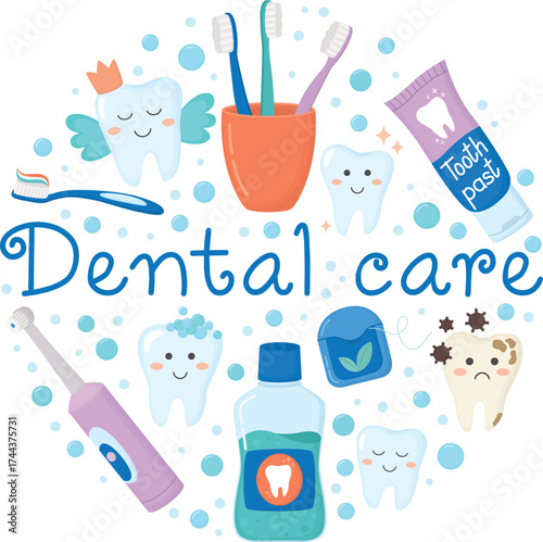 Round illustration with cute teeth, oral hygiene products and and inscription. Set with toothpaste, dental floss, toothbrushes, mouthwash	