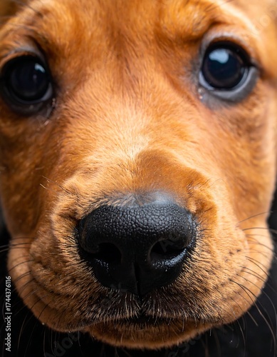 Close-up of a young reddish-brown dog's face.  Large, dark eyes and a wet, black nose are prominent features.  The focus is on the dog's face