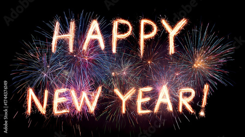 Happy New Year – Schrift aus Funken vor farbenfrohem Feuerwerk am Nachthimmel