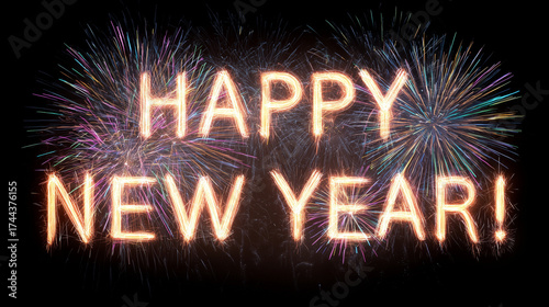 Happy New Year – Schrift aus Funken vor farbenfrohem Feuerwerk am Nachthimmel
