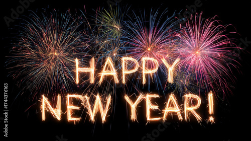 Happy New Year – Schrift aus Funken vor farbenfrohem Feuerwerk am Nachthimmel
