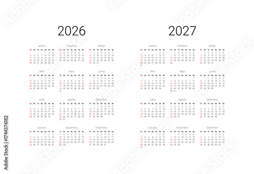 2026, 2027 Calendar in Portuguese. Calendar template for Brazil start from Sunday. Full months for wall calendar, isolated wall background