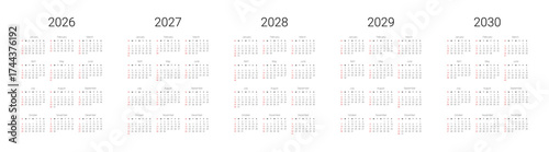 English 2026, 2027, 2028, 2029, 2030 calendar start from Sunday. Vector illustration design template for USA, Canada.