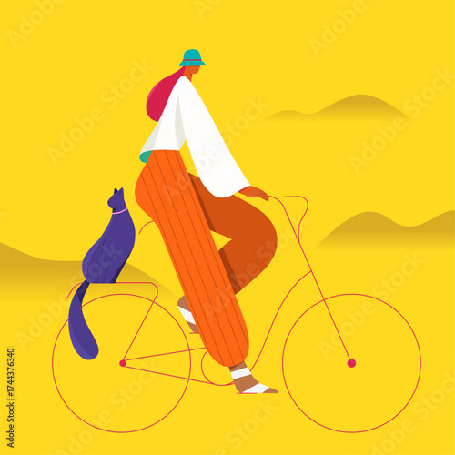 Woman on Bicycle with Cat – Bright Modern Vector Illustration