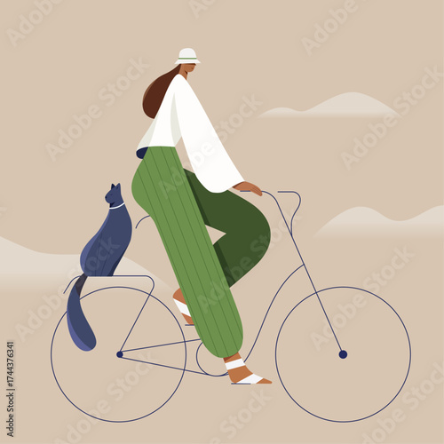 Woman Riding Bicycle with Cat – Modern Minimal Illustration