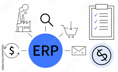 ERP system represented by a blue central node connecting icons for manufacturing, finance, checklist, email, shopping cart, and analysis magnifier. Ideal for business management, resource planning