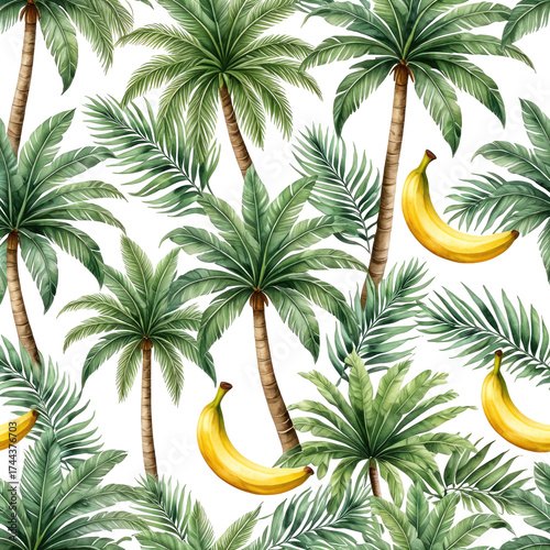 Tropical paradise wallpaper; lush palm trees, ripe bananas on black