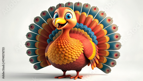3D cartoon turkey illustration with a cute and joyful appearance, perfect for Thanksgiving, set on a white backdrop