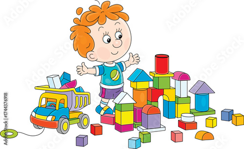 Happy little boy playing with a toy truck and colorful bricks and building a fancy castle in a playroom, vector cartoon illustration on a white background