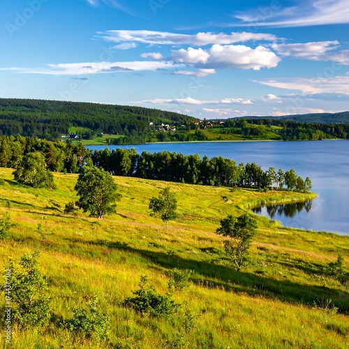 Scenic lake vista, rolling hills, lush greenery