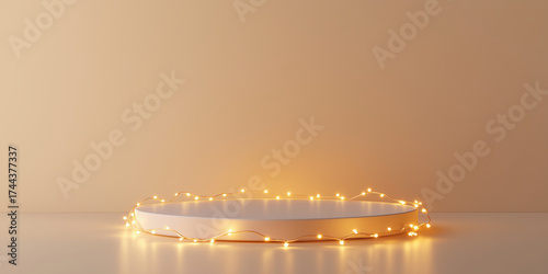 Round white platform with warm fairy lights on smooth beige background. Soft glow, minimalism, elegance, product display, branding, editorial, festive design, ambient storytelling