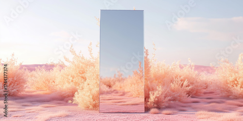 Rectangular mirror in pastel pink surreal landscape with fluffy foliage, soft sky, warm light. Reflection, illusion, depth, suitable for editorial, branding, visual storytelling, abstract design