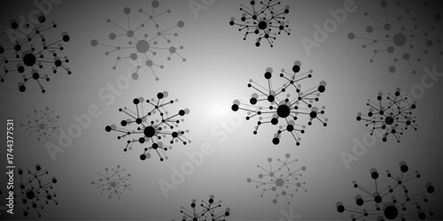 Top and down borders with molecules, data or other tech structure elements. Black vector template with flu signs. Molecule DNA. Vector Illustration.
