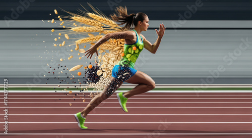 Running and Nutrition Fusion a woman dissolves into whole grains on a track Diet and Energy as Fuel for Athletic Performance