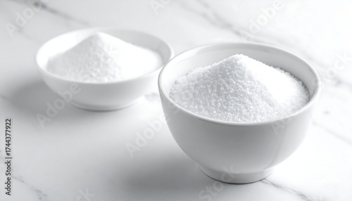 Two white bowls filled with white powder on a marble surface