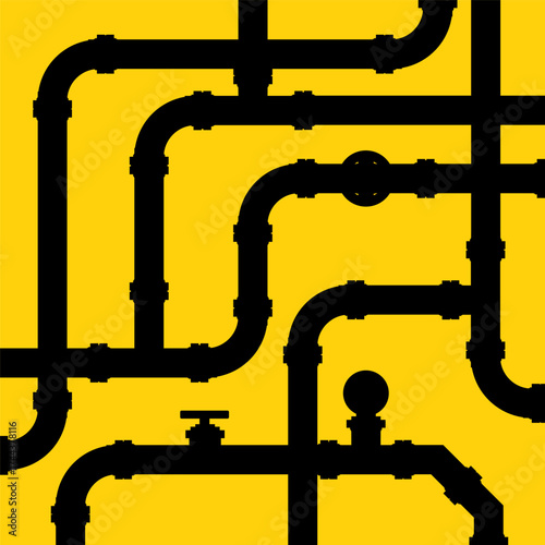 Black industrial piping network on yellow background