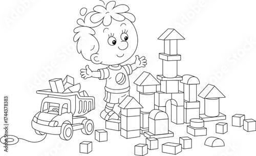 Happy little boy playing with a toy truck and bricks and building a fancy castle in a playroom, black and white outline vector cartoon illustration for a coloring book