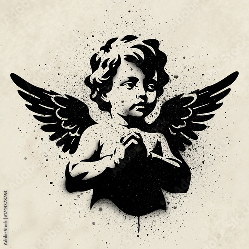 Ink style angel praying with black wings for tattoo or spiritual art