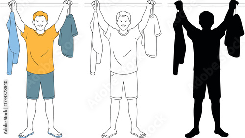 Vector art of man hanging clothes on a clothesline in color, outline, and silhouette