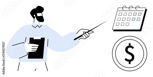 Man holding clipboard and pointing at calendar and dollar sign. Ideal for finance, strategy, deadlines, business planning, budgeting, goal setting, leadership. Simple flat metaphor