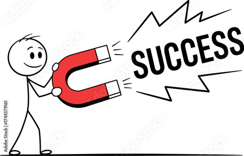Vector art of cartoon stick man attracting success with a magnet