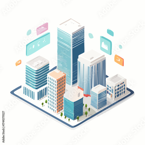 Modern futuristic city in isometric style, minimalistic buildings, pastel colors, clean design, vector art style