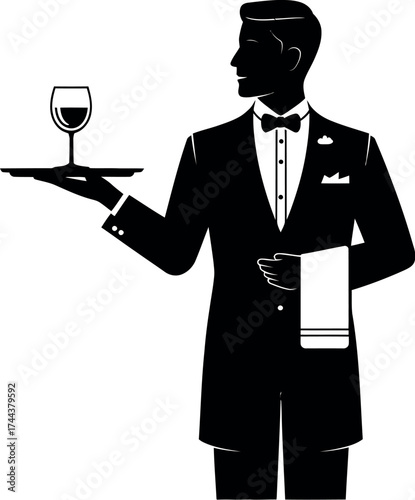 Vector art of professional waiter in tuxedo holding a wine glass on a tray