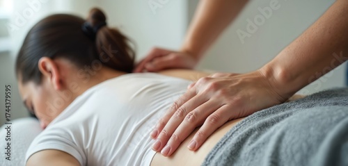 Hands of chiropractor adjust female patients spine on massage table. Therapeutic spinal manipulation for pain relief and wellness. Professional treatment in clinic for body recovery.