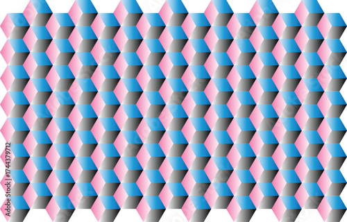 Abstract geometric pattern of repeating hexagonal prisms in shades of pink and blue with subtle gray shading isolated on transparent background
