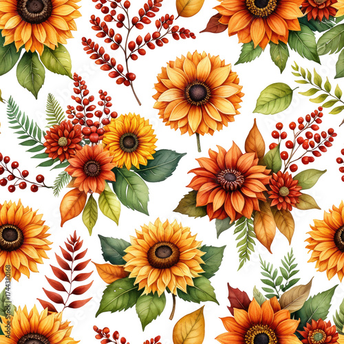 Watercolor floral pattern, sunflowers, fall foliage