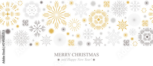 Christmas seamless banner with snowflakes in geometric decorative scandinavian style on white background, nordic ornament