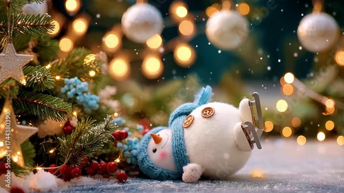 A cheerful snowman in a blue hat and scarf skates on ice, then adorably slips and falls near a festive Christmas tree with glowing lights and holiday decorations.
