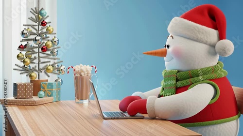 Funny Smiling Snowman Using Laptop: Winter Technology and Holiday Cheer in a Digital Wonderland