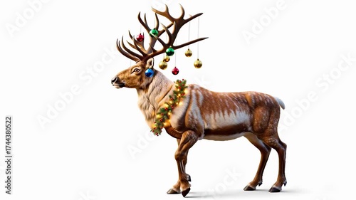 Festive Reindeer Adorned with Holiday Lights and Baubles Walking on White Background