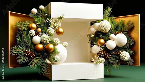 Luxurious gold and white gift box opens to reveal festive pine branches, ornaments, and holiday decor. Elegant Christmas animation on dark background.