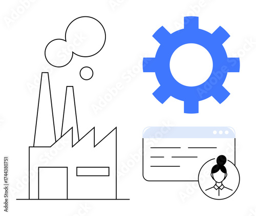Factory building with smokestacks, gear icon, and browser window featuring user icon. Ideal for industry, automation, technology, management, workflow engineering innovation. Simple flat metaphor