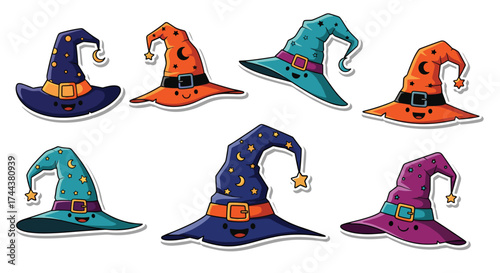 Delightful cartoon witch hats for charming Halloween promotions and spooky season designs, perfect for kids parties and festive invitations