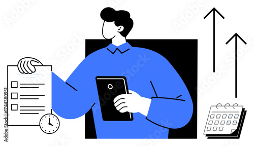 Person holding a checklist and tablet, surrounded by a clock, calendar, and upward arrows. Ideal for productivity, time management, goal setting, planning, organization teamwork personal