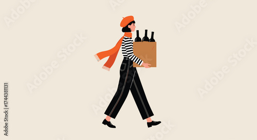 Stylish woman elegantly carrying wine bottles in a box, perfect for lifestyle blogs, wine promotions, or chic social gatherings with friends